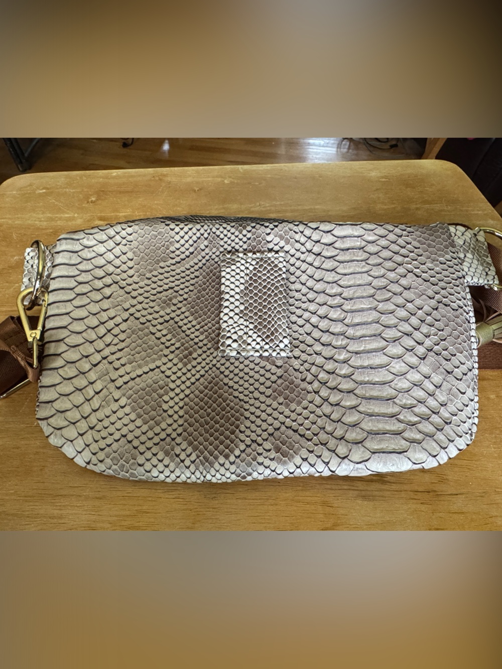 Makeup Junkie Sidekick Pink Taupe Snake-Print Crossbody Bag with Tassel - Picture 3 of 6